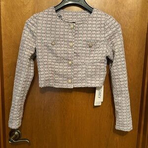 NWT Cropped pink, white, black, shimmery threading button down jacket small